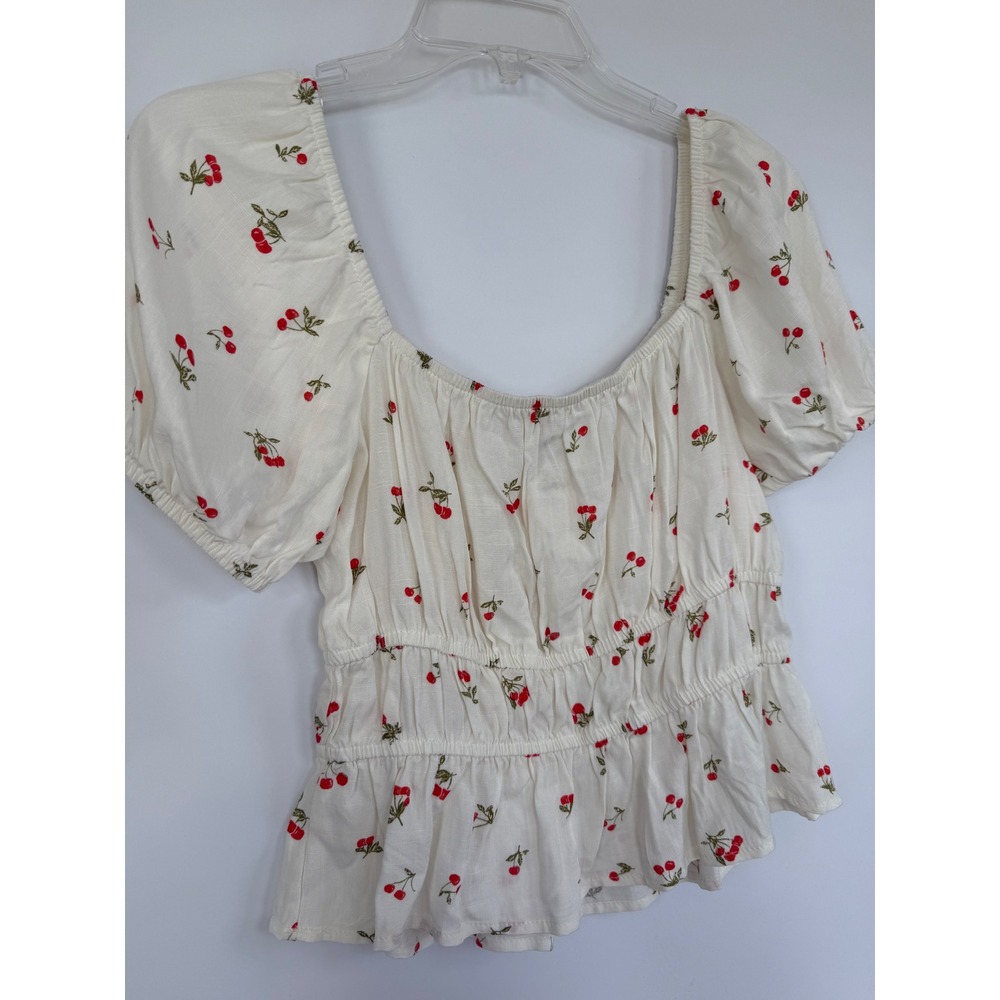 Cherry Print Smocked Peplum Top White Red Babydoll Coquette Pin Up Medium NEW